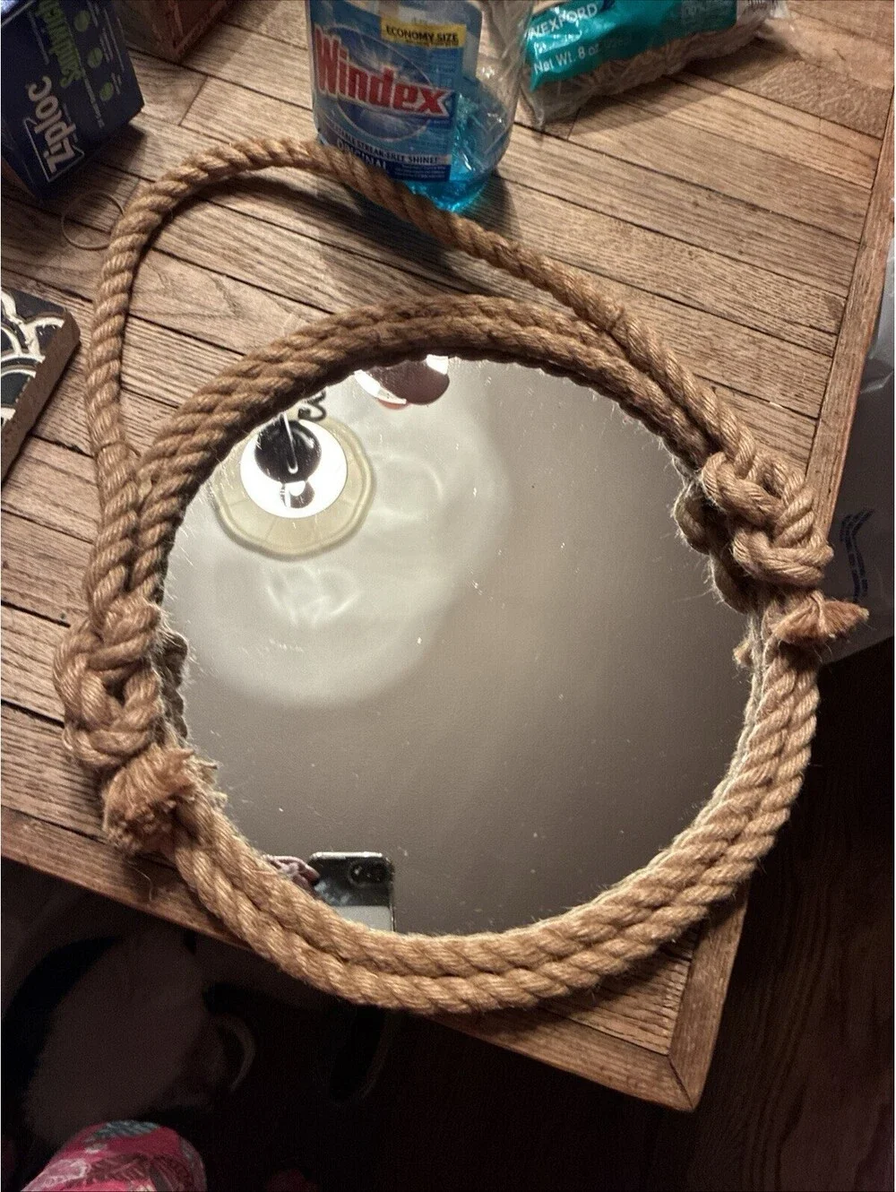 Round 12 in Nautical Accent Wall Mirror, Brown Rope Frame w/ Rope Handle